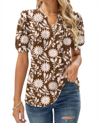 Nina Summer Blouse for Women – Floral V-Neck, Puff Sleeves & Flowy Fit