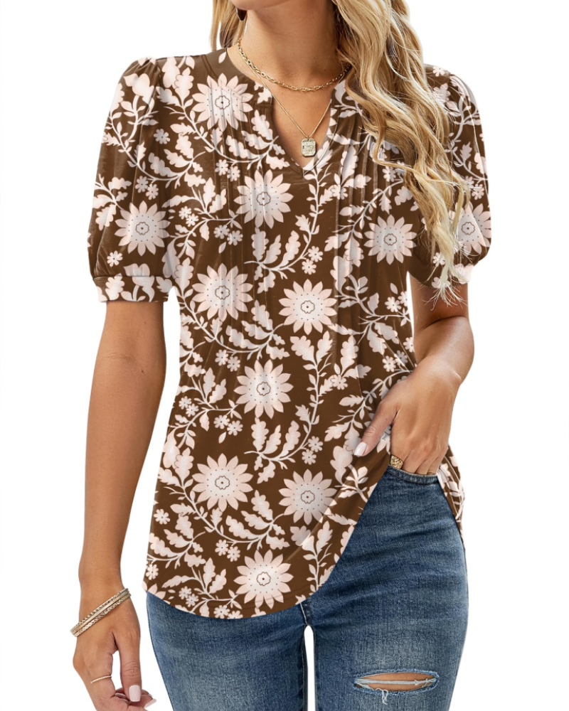 Nina Summer Blouse for Women – Floral V-Neck, Puff Sleeves & Flowy Fit
