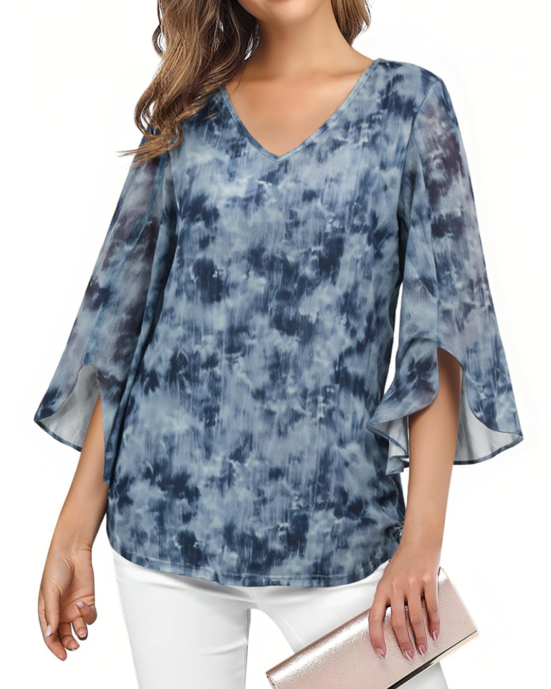 Kristine Summer Blouse for Women – Floral V-Neck, 3/4 Ruffle Sleeves, Plus Size