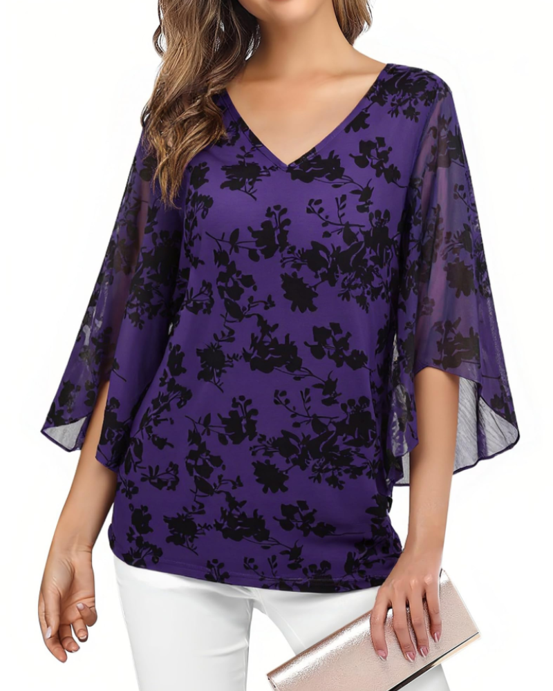 Kristine Summer Blouse for Women – Floral V-Neck, 3/4 Ruffle Sleeves, Plus Size