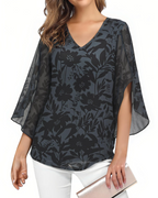 Kristine Summer Blouse for Women – Floral V-Neck, 3/4 Ruffle Sleeves, Plus Size
