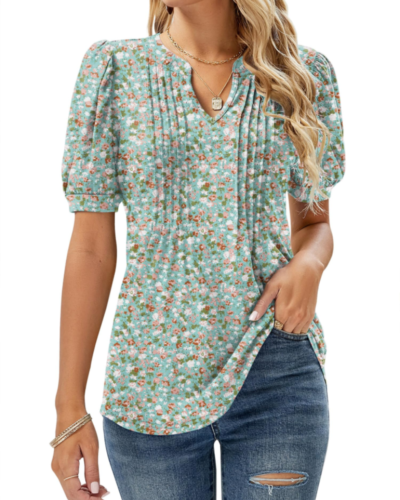 Nina Summer Blouse for Women – Floral V-Neck, Puff Sleeves & Flowy Fit