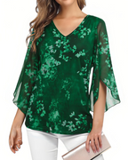 Kristine Summer Blouse for Women – Floral V-Neck, 3/4 Ruffle Sleeves, Plus Size