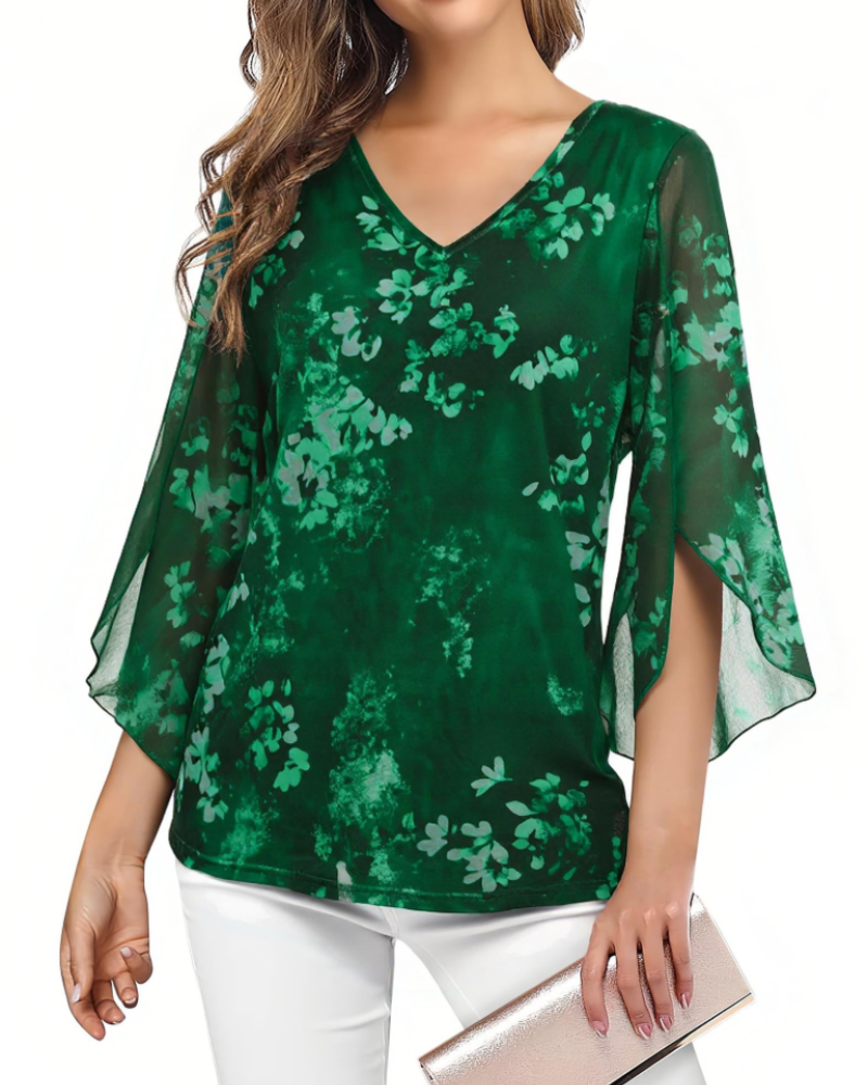 Kristine Summer Blouse for Women – Floral V-Neck, 3/4 Ruffle Sleeves, Plus Size
