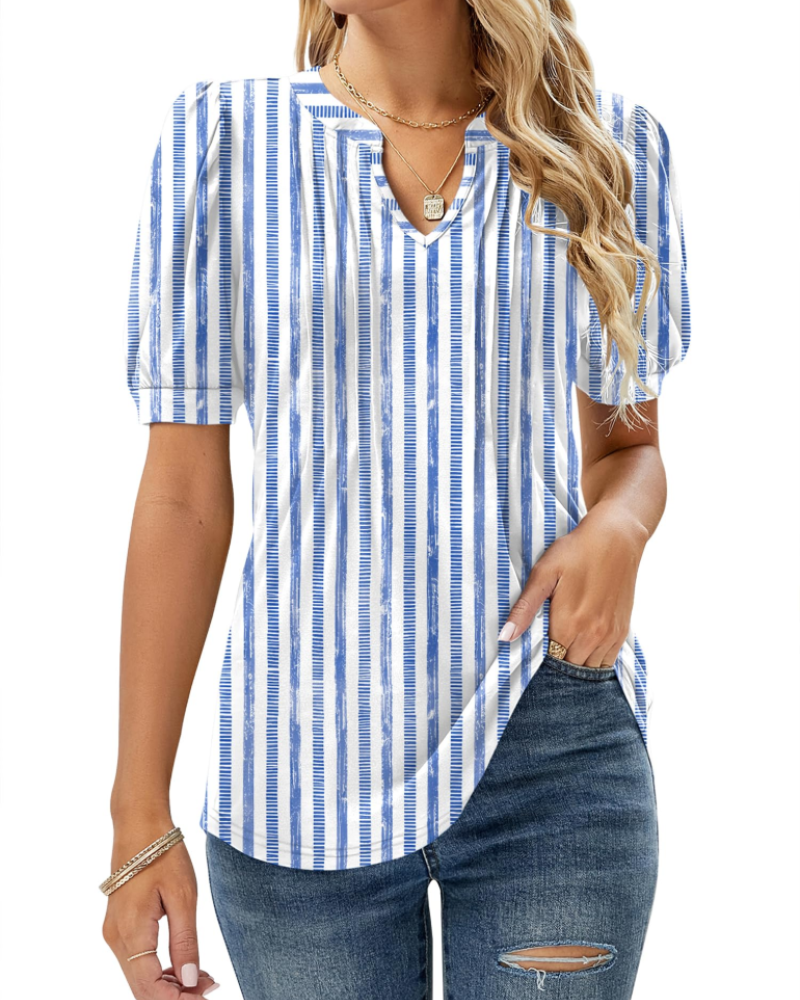 Nina Summer Blouse for Women – Floral V-Neck, Puff Sleeves & Flowy Fit