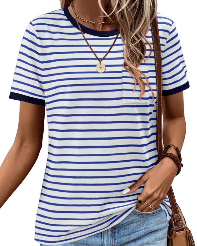 Summer T-Shirt for Women – Striped Colorblock Short-Sleeve Cotton Tee