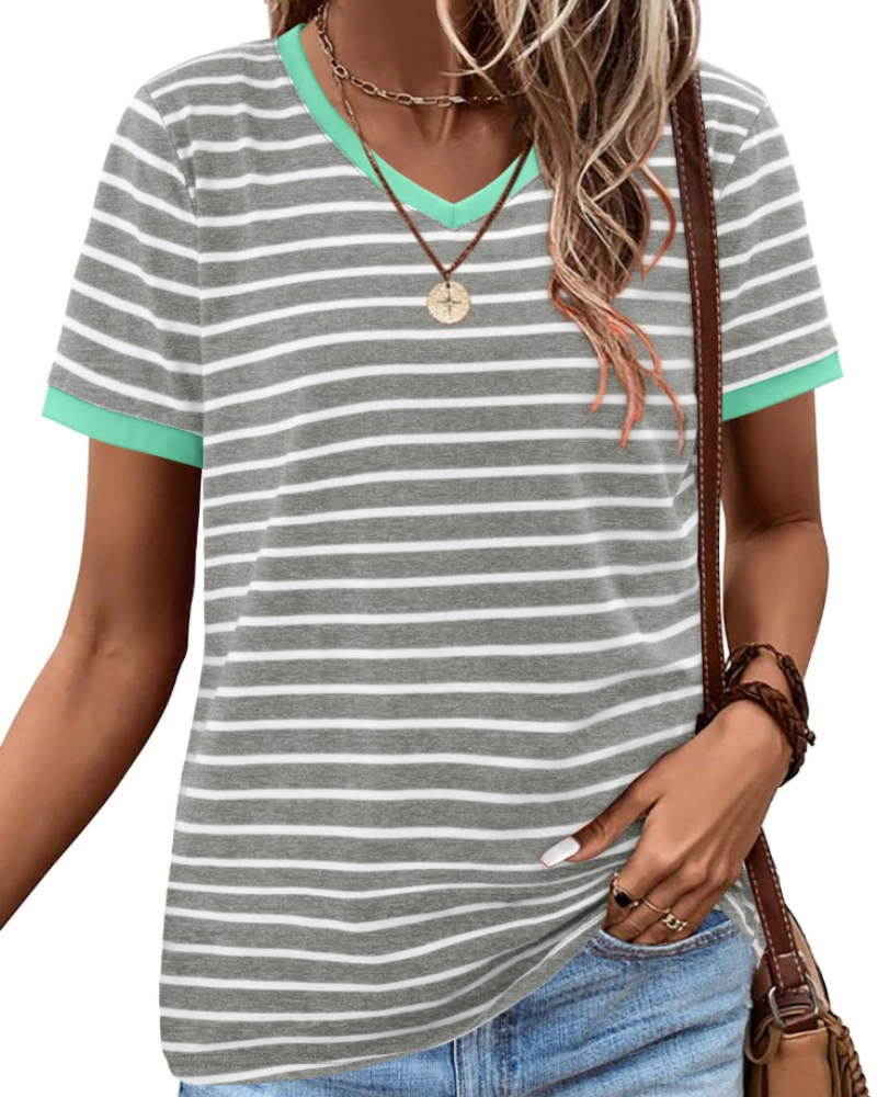 Summer T-Shirt for Women – Striped Colorblock Short-Sleeve Cotton Tee