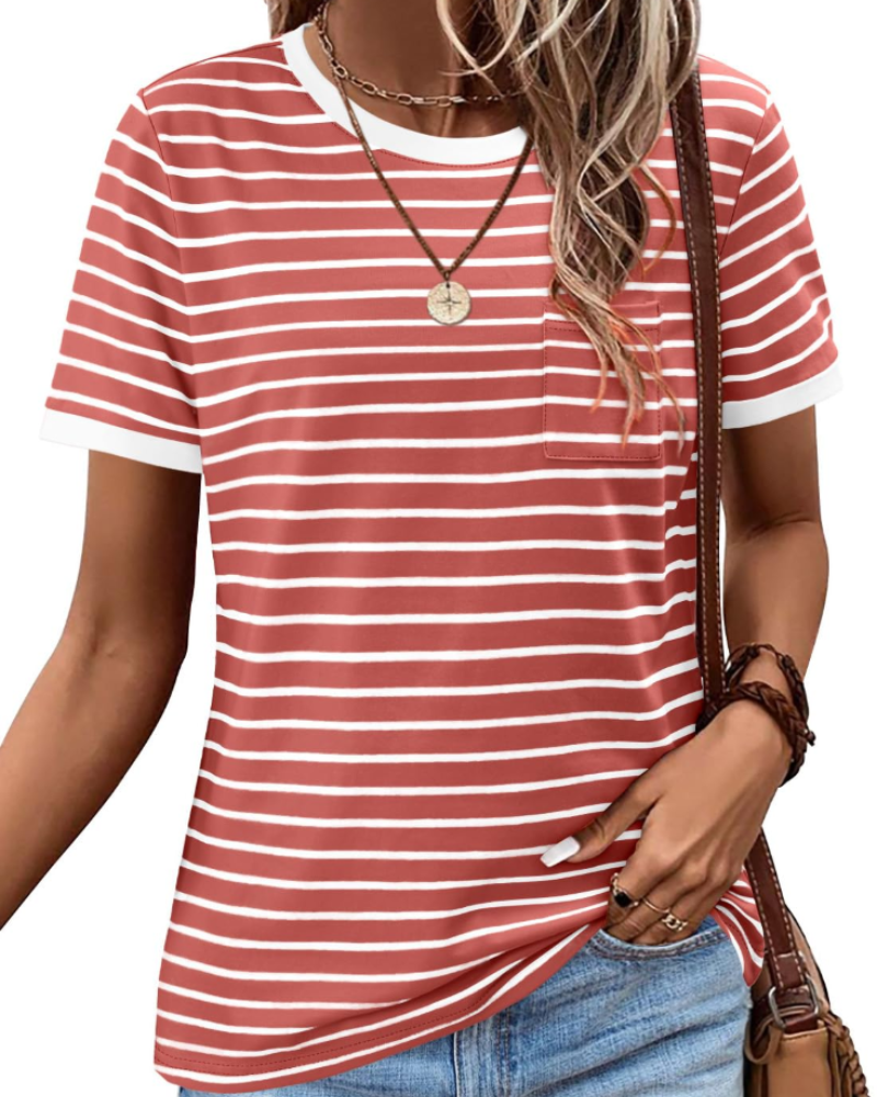 Summer T-Shirt for Women – Striped Colorblock Short-Sleeve Cotton Tee
