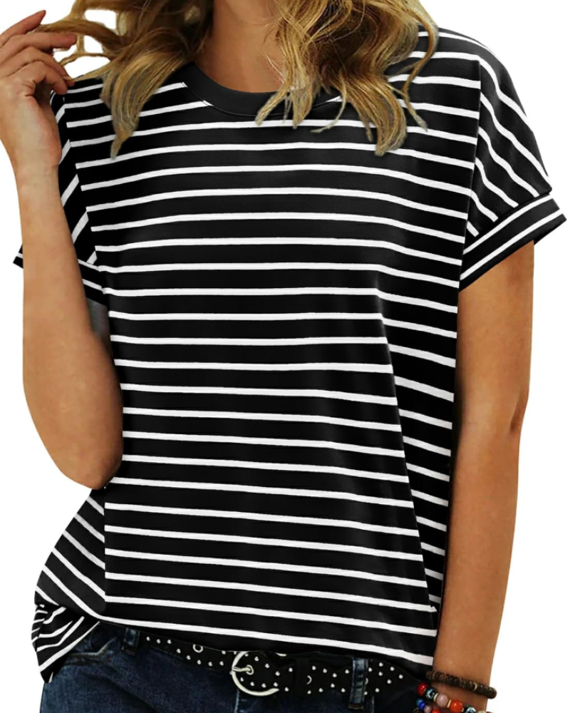Summer T-Shirt for Women – Striped Colorblock Short-Sleeve Cotton Tee