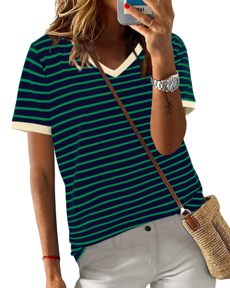 Summer T-Shirt for Women – Striped Colorblock Short-Sleeve Cotton Tee