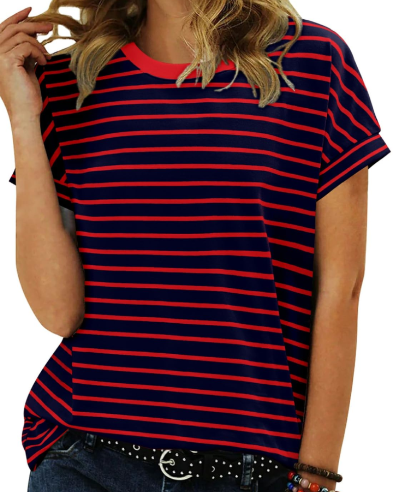 Summer T-Shirt for Women – Striped Colorblock Short-Sleeve Cotton Tee