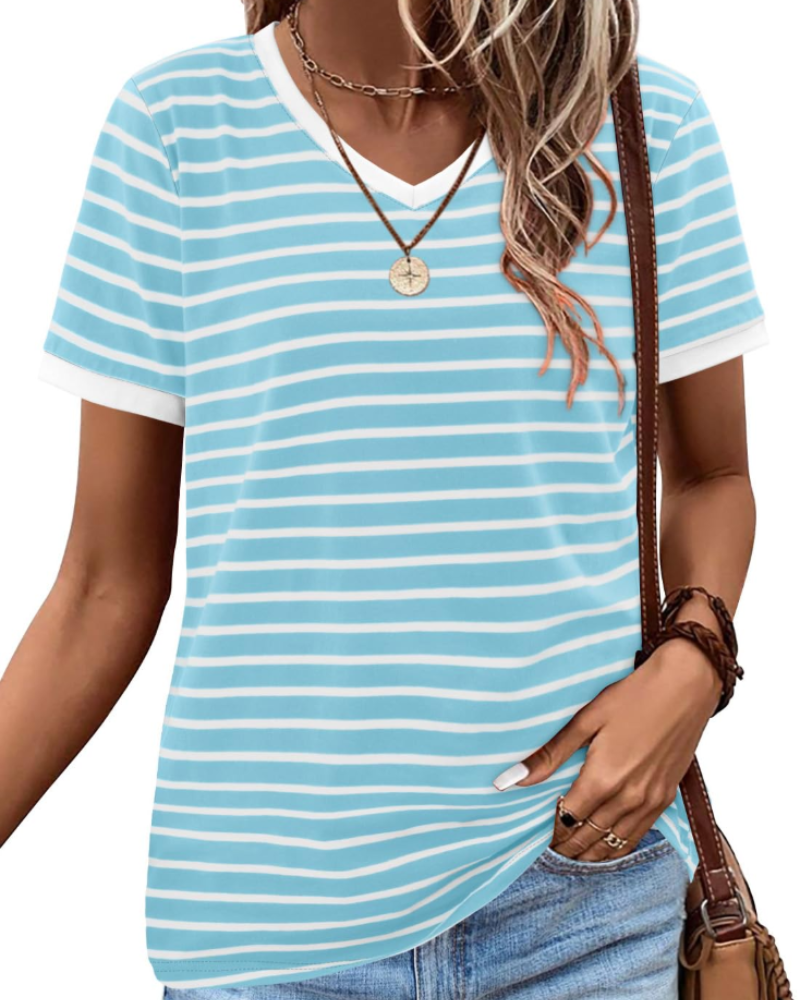 Summer T-Shirt for Women – Striped Colorblock Short-Sleeve Cotton Tee