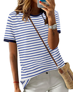 Summer T-Shirt for Women – Striped Colorblock Short-Sleeve Cotton Tee