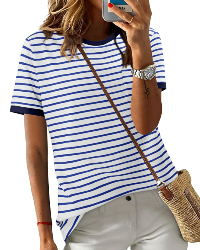 Summer T-Shirt for Women – Striped Colorblock Short-Sleeve Cotton Tee