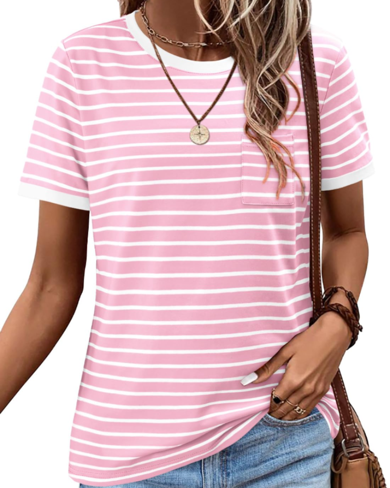 Summer T-Shirt for Women – Striped Colorblock Short-Sleeve Cotton Tee