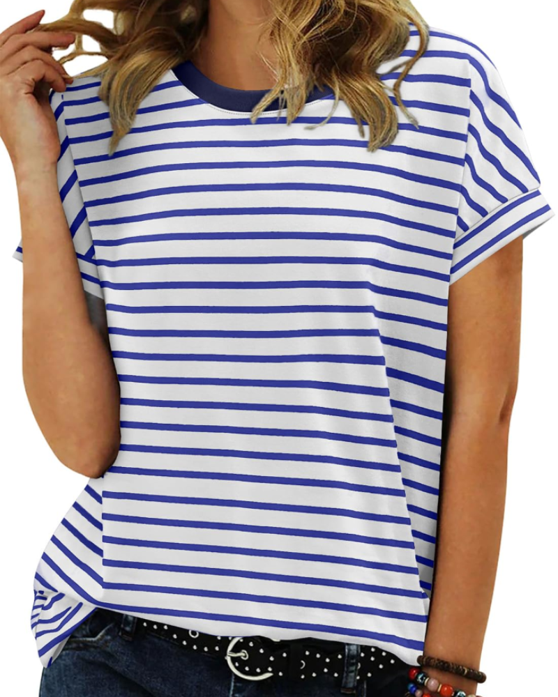 Summer T-Shirt for Women – Striped Colorblock Short-Sleeve Cotton Tee