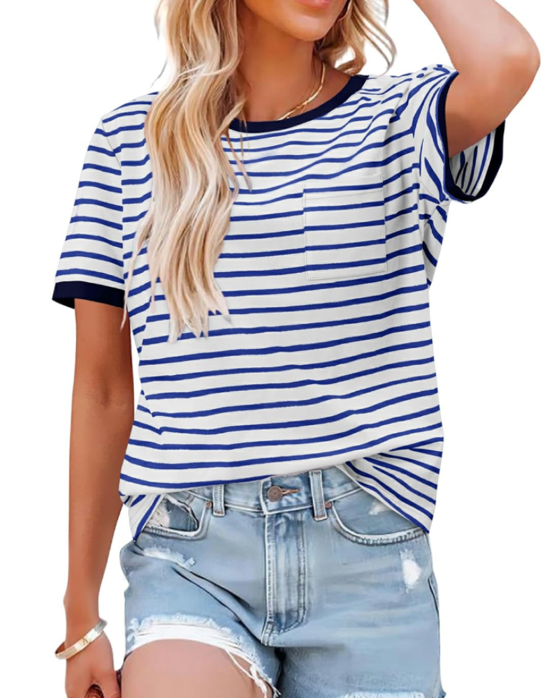 Summer T-Shirt for Women – Striped Colorblock Short-Sleeve Cotton Tee