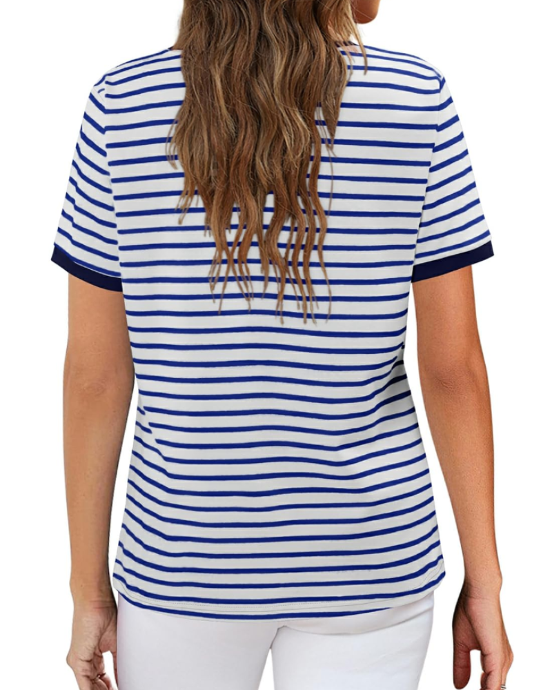 Summer T-Shirt for Women – Striped Colorblock Short-Sleeve Cotton Tee