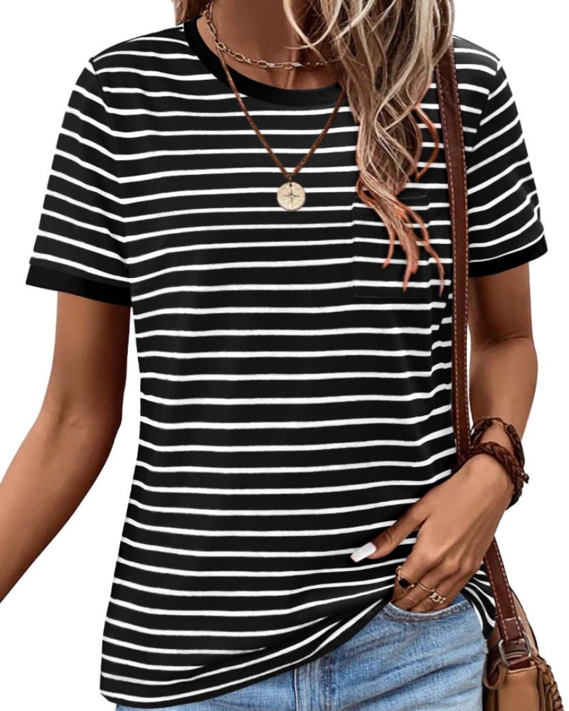 Summer T-Shirt for Women – Striped Colorblock Short-Sleeve Cotton Tee