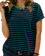 Summer T-Shirt for Women – Striped Colorblock Short-Sleeve Cotton Tee