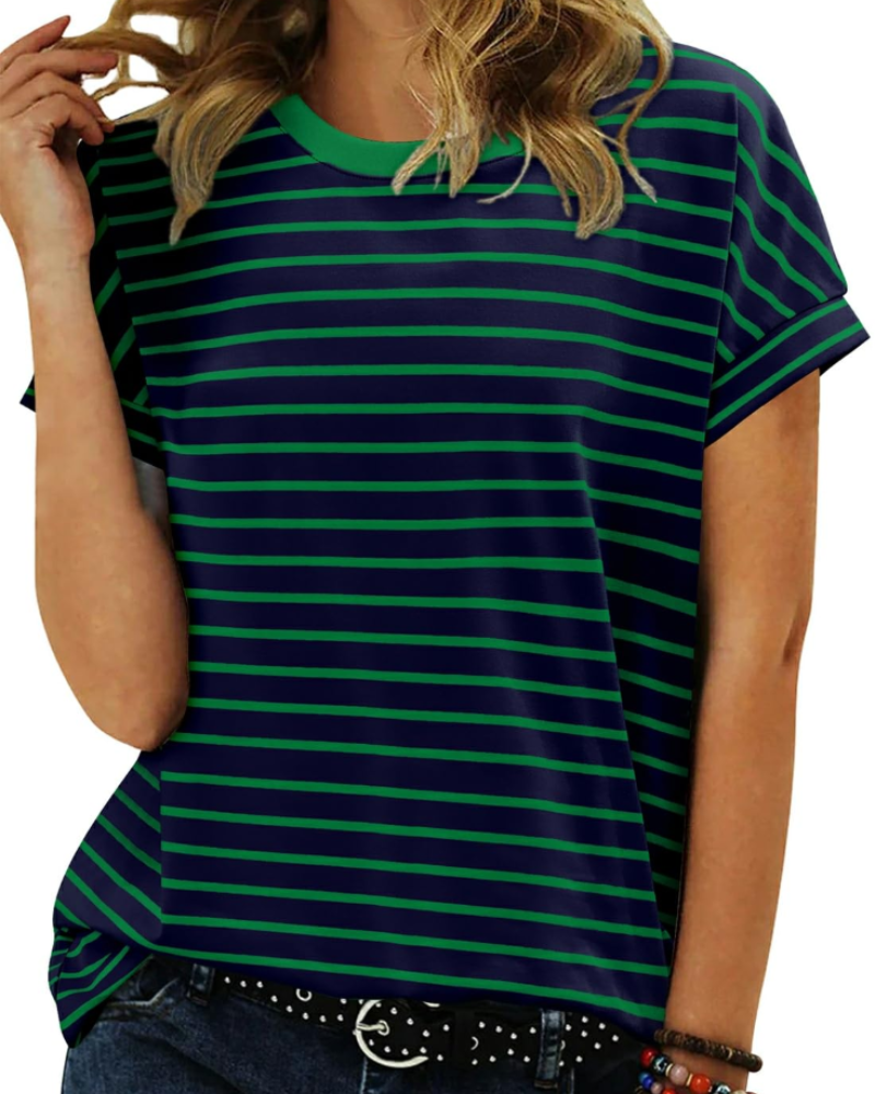 Summer T-Shirt for Women – Striped Colorblock Short-Sleeve Cotton Tee