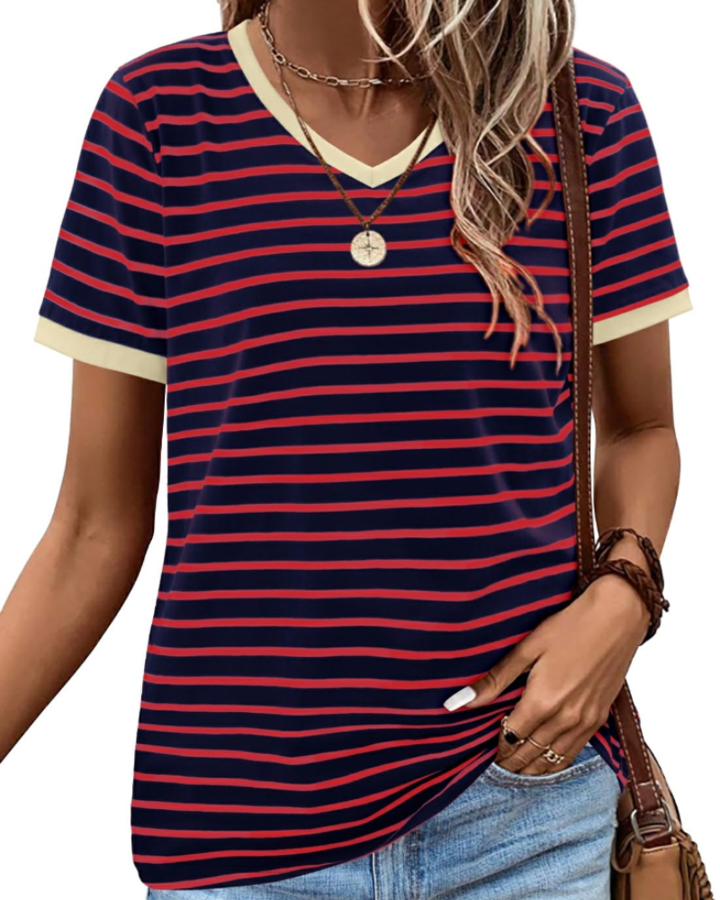 Summer T-Shirt for Women – Striped Colorblock Short-Sleeve Cotton Tee