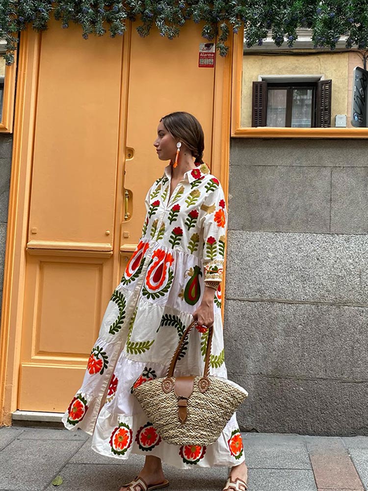 Celia Maxi Dress for Women – Long Cotton Dress with Boho Embroidery & Colorful Details