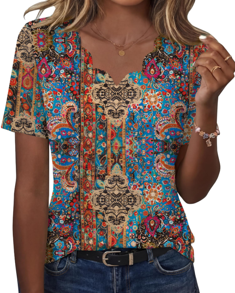 Ziva Top for Women – Wavy V-Neck Blouse, Elegant Flowy Cut & Casual Chic Style