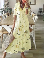 Charm Boho Dress for Women – Elegant Summer Dress with Ruffles, V-Neck & Ikat Pattern
