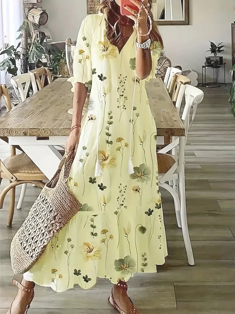 Charm Boho Dress for Women – Elegant Summer Dress with Ruffles, V-Neck & Ikat Pattern