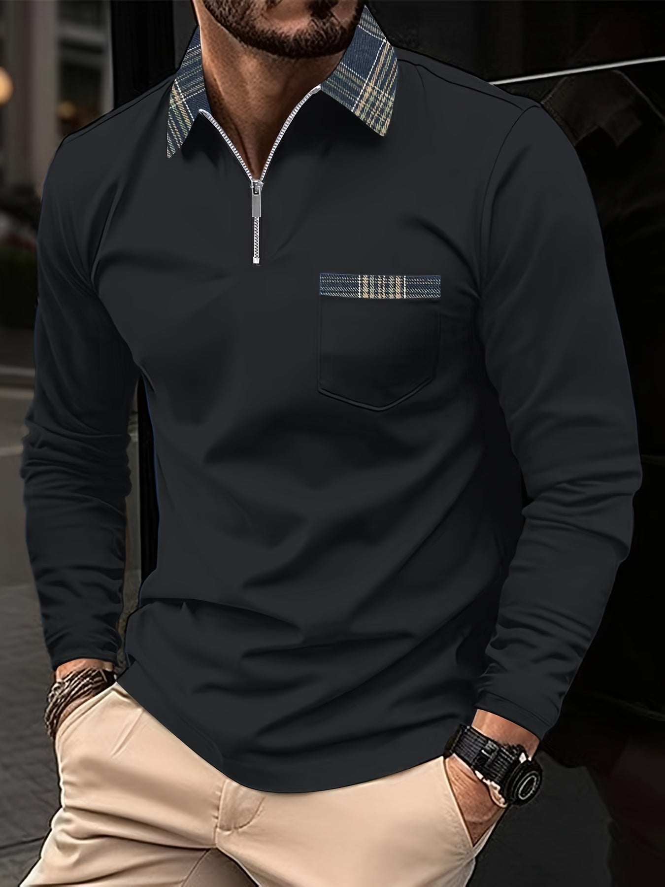 Frank Long-Sleeve Polo – Zip Collar & Checkered Pattern, Elegance and Comfort for Men