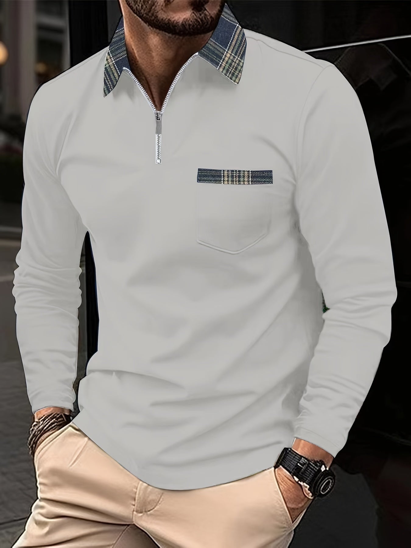 Frank Long-Sleeve Polo – Zip Collar & Checkered Pattern, Elegance and Comfort for Men