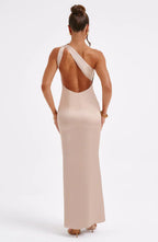 Clara Long Satin Dress for Women – Asymmetric, Fitted & Minimalist Elegance