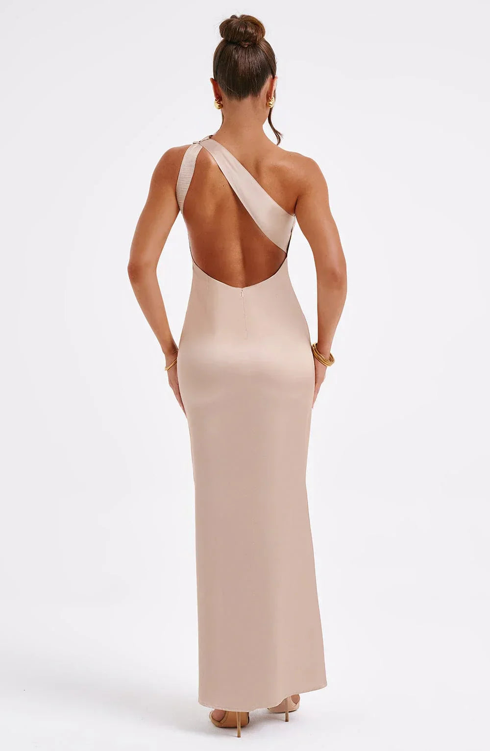 Clara Long Satin Dress for Women – Asymmetric, Fitted & Minimalist Elegance