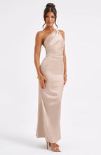 Clara Long Satin Dress for Women – Asymmetric, Fitted & Minimalist Elegance