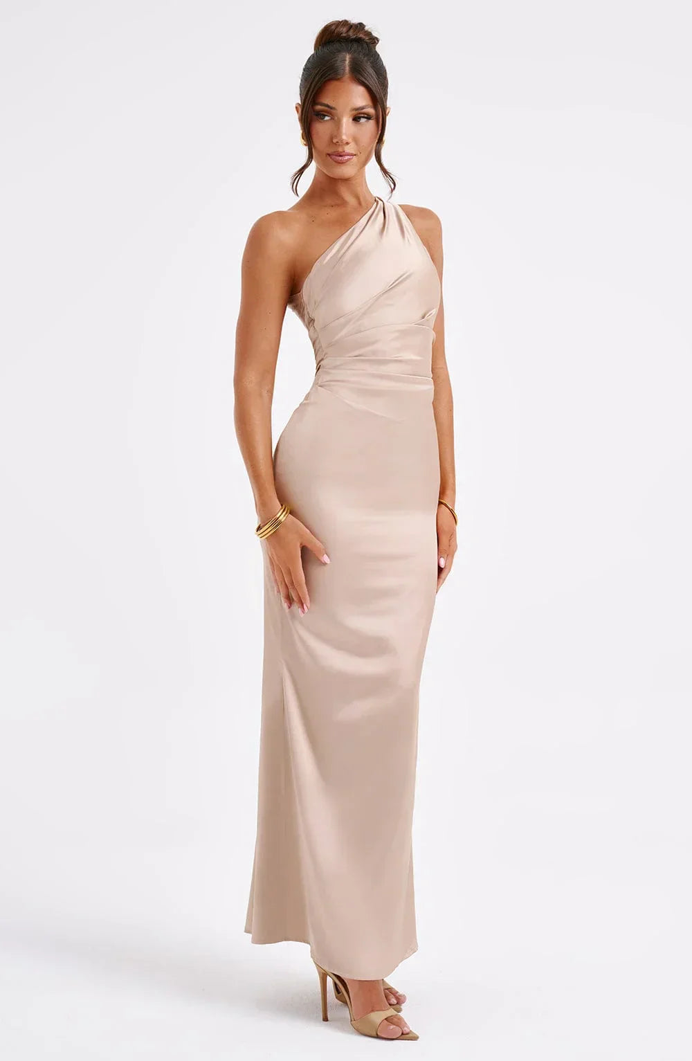 Clara Long Satin Dress for Women – Asymmetric, Fitted & Minimalist Elegance