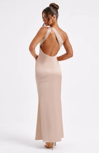 Clara Long Satin Dress for Women – Asymmetric, Fitted & Minimalist Elegance