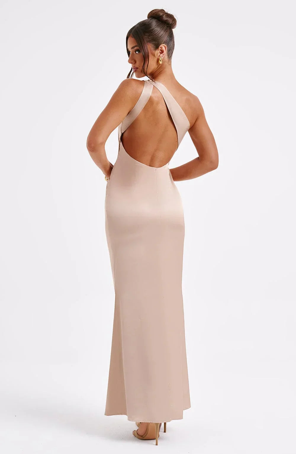 Clara Long Satin Dress for Women – Asymmetric, Fitted & Minimalist Elegance