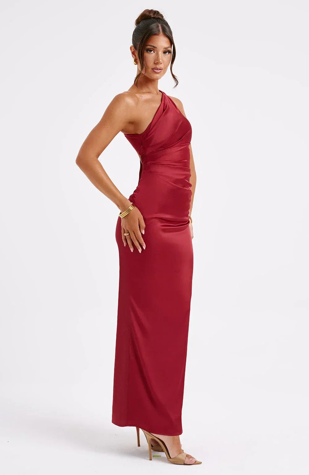 Clara Long Satin Dress for Women – Asymmetric, Fitted & Minimalist Elegance