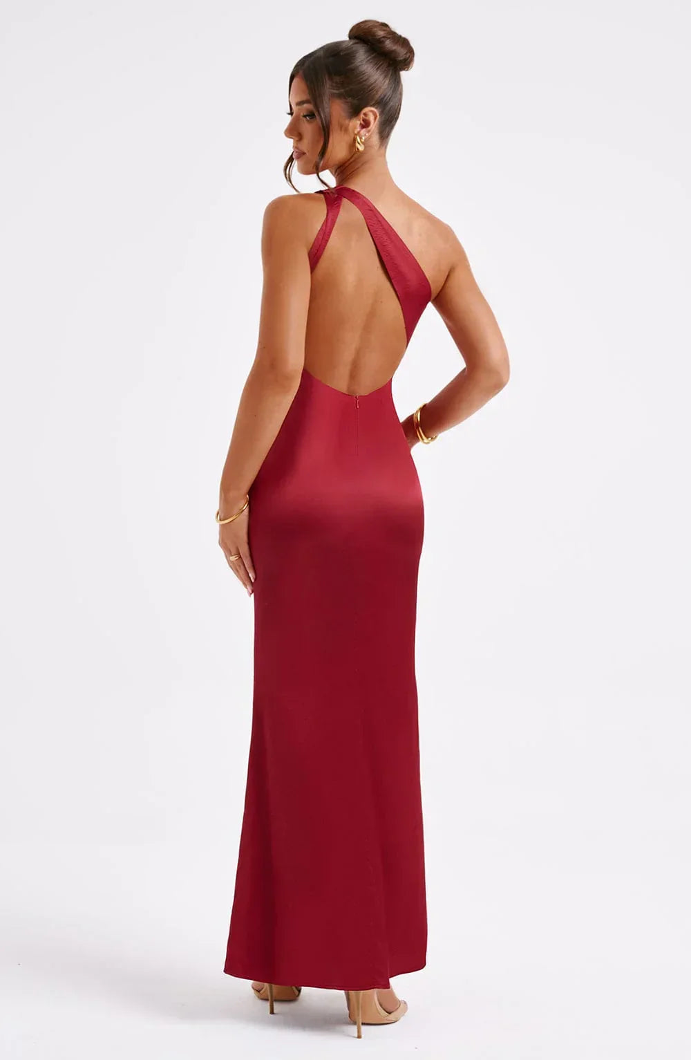 Clara Long Satin Dress for Women – Asymmetric, Fitted & Minimalist Elegance