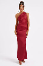 Clara Long Satin Dress for Women – Asymmetric, Fitted & Minimalist Elegance