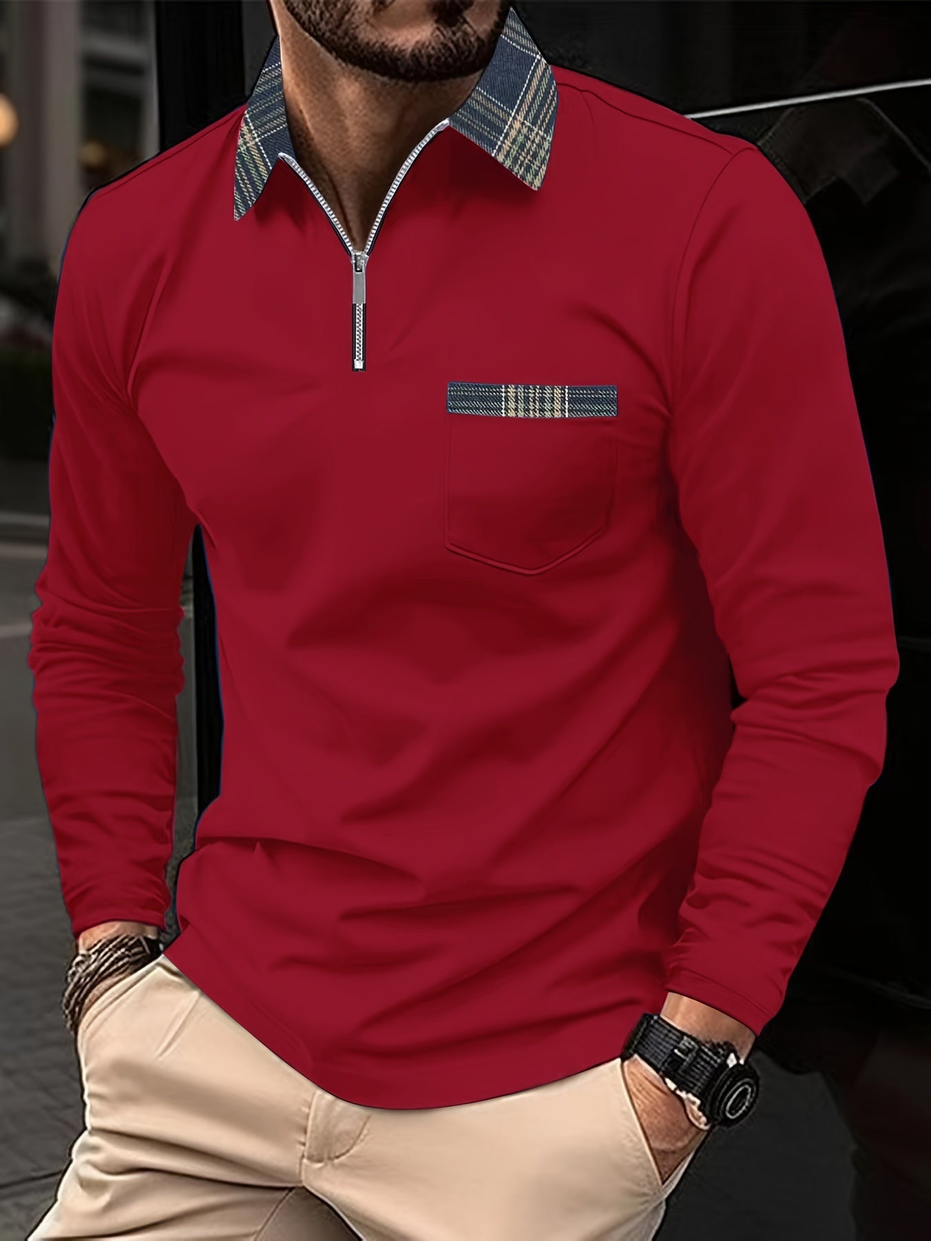 Frank Long-Sleeve Polo – Zip Collar & Checkered Pattern, Elegance and Comfort for Men