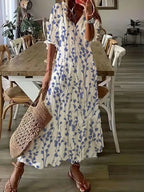 Charm Boho Dress for Women – Elegant Summer Dress with Ruffles, V-Neck & Ikat Pattern