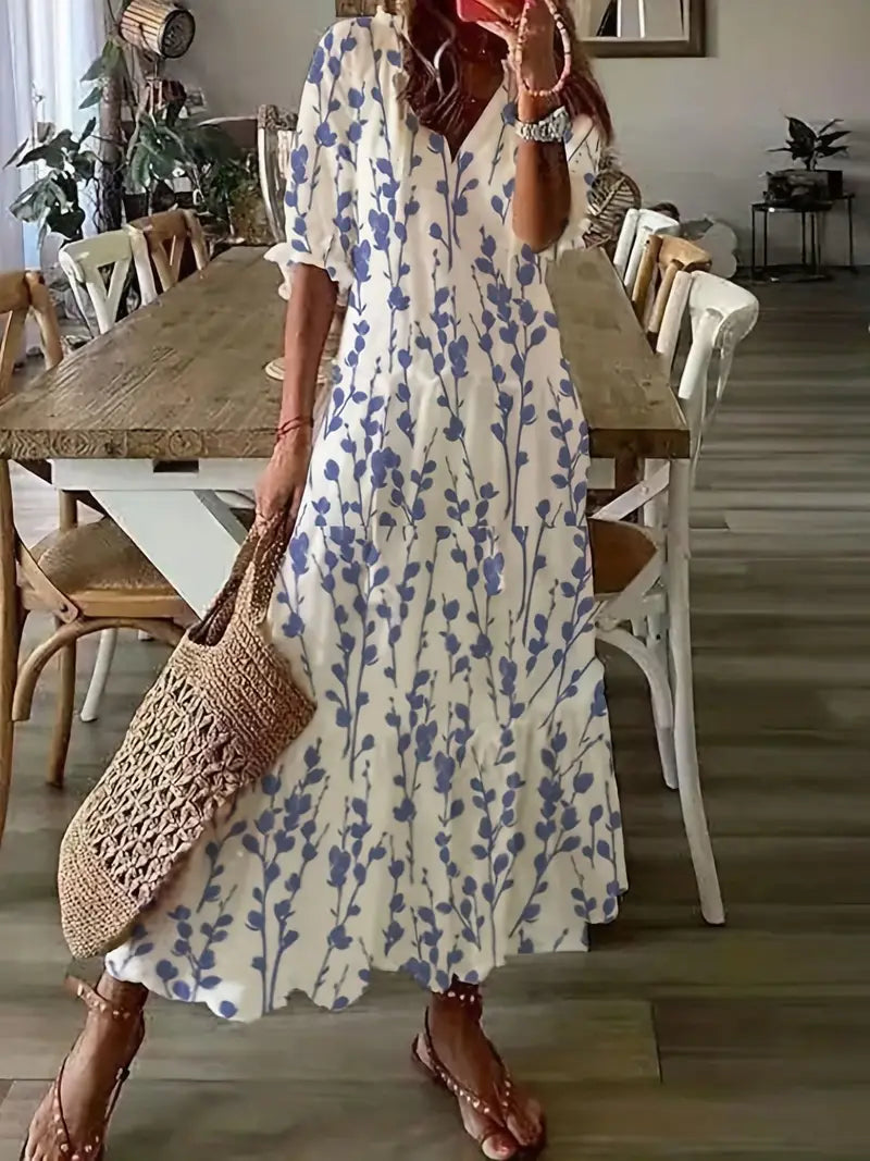 Charm Boho Dress for Women – Elegant Summer Dress with Ruffles, V-Neck & Ikat Pattern