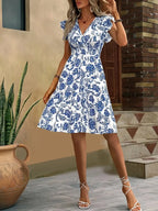 Lauren Summer Dress for Women – Elegant V-Neck Dress with Ruffles & Gathered Waist for Vacation