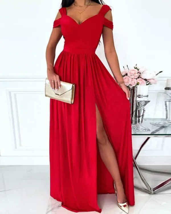 Antonella Elegant Long Dress for Women – Off-Shoulder Dress with Floral Motif & Chic Slit