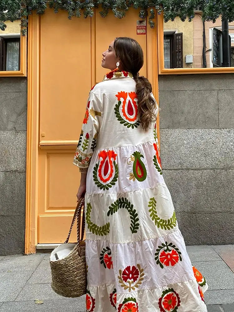Celia Maxi Dress for Women – Long Cotton Dress with Boho Embroidery & Colorful Details