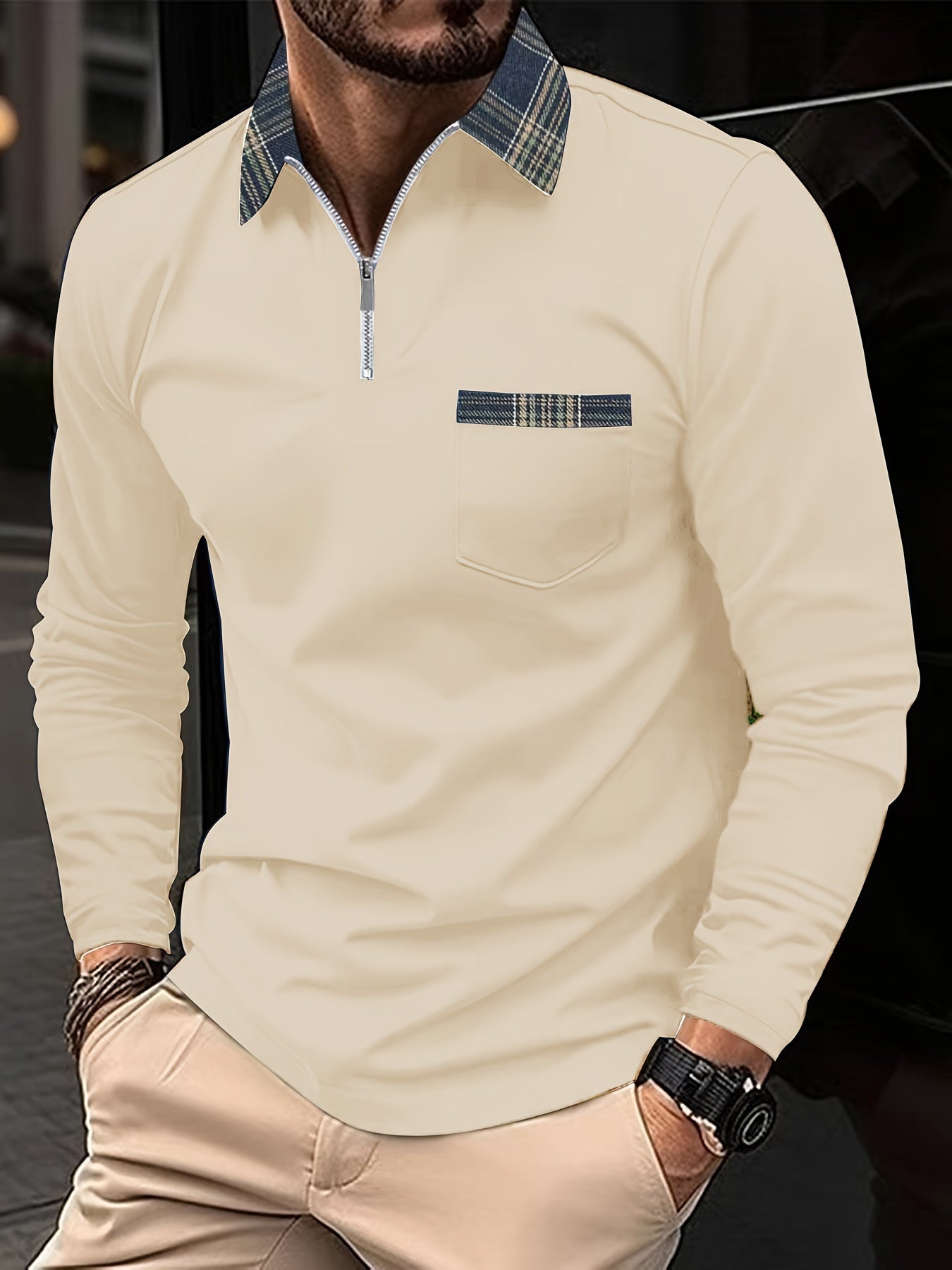 Frank Long-Sleeve Polo – Zip Collar & Checkered Pattern, Elegance and Comfort for Men