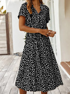 Ulvienne Summer Dress for Women – Short-Sleeve Midi Dress with Waist Belt & Trendy Print