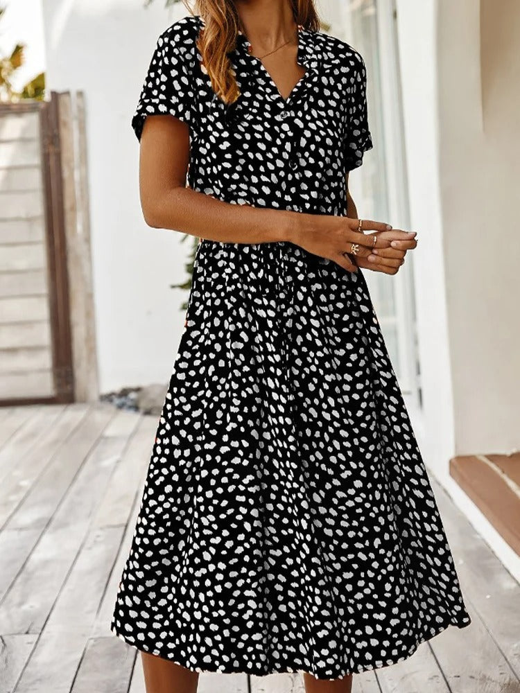 Ulvienne Summer Dress for Women – Short-Sleeve Midi Dress with Waist Belt & Trendy Print
